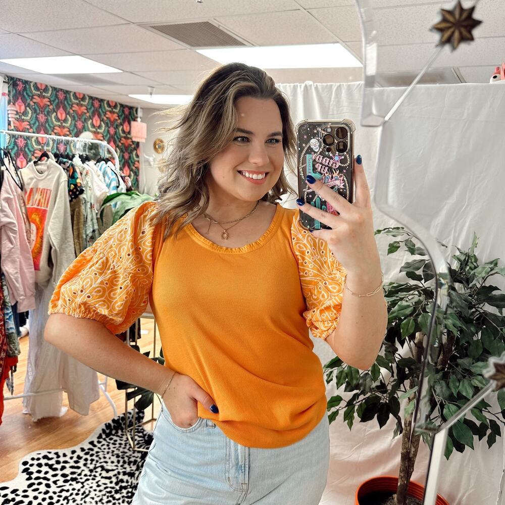 Women's Orange Puff-Sleeve Top with Eyelet Detail